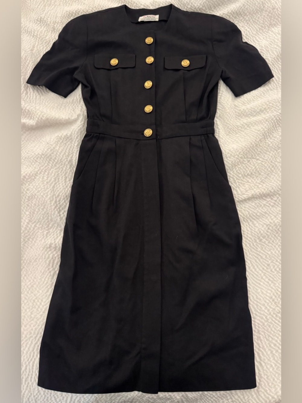 Vintage Talbots Black Linen Midi Dress with Gold Button Detail